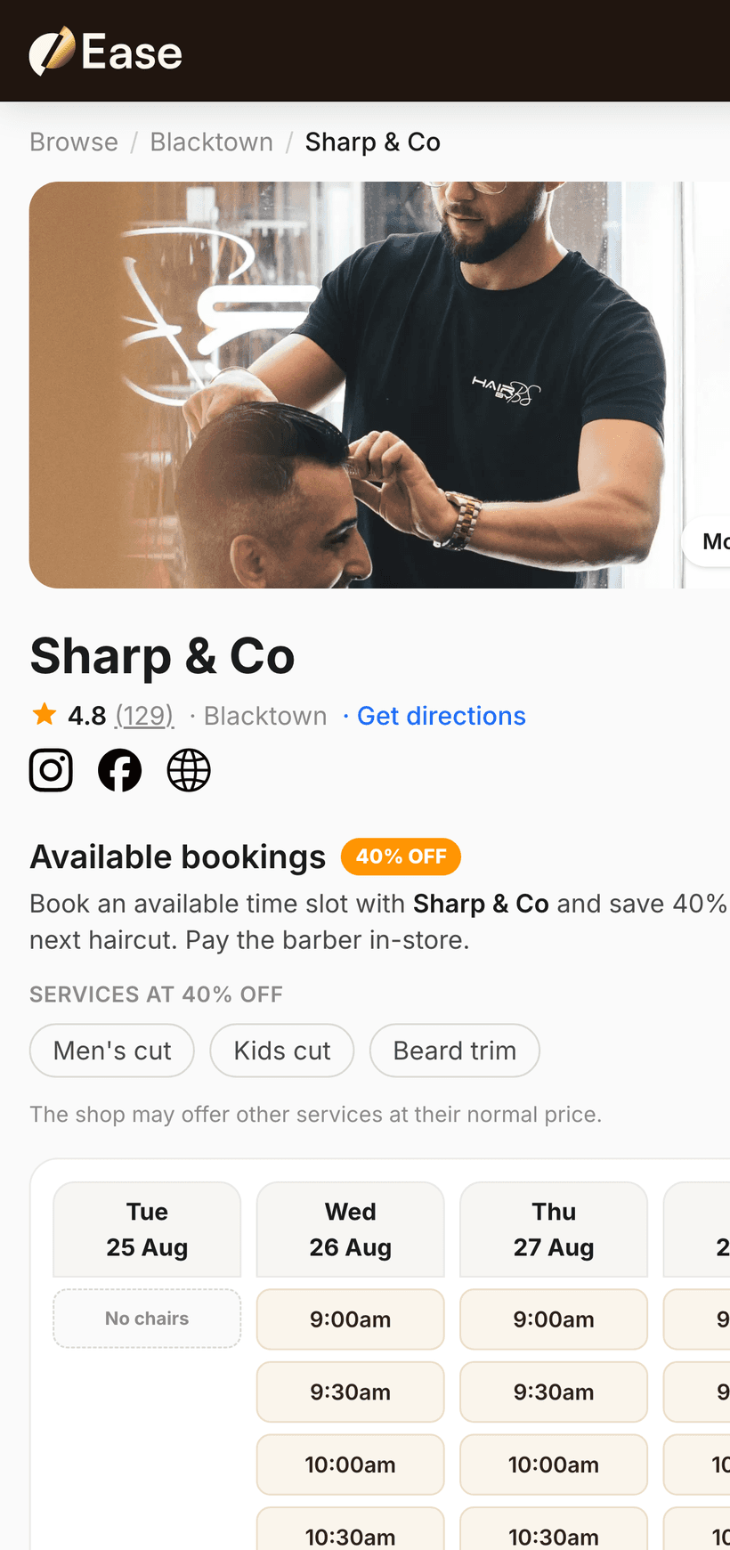 Booking a Blacktown barbershop on Ease at 40% off